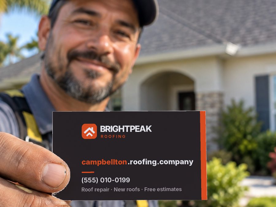 campbellton.roofing.company on a roofer's business card